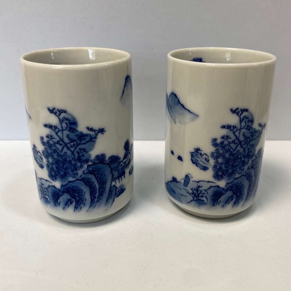 2 Vintage Hand Painted Saki Glasses Blue on White Asian Landscape OMC Otagiri